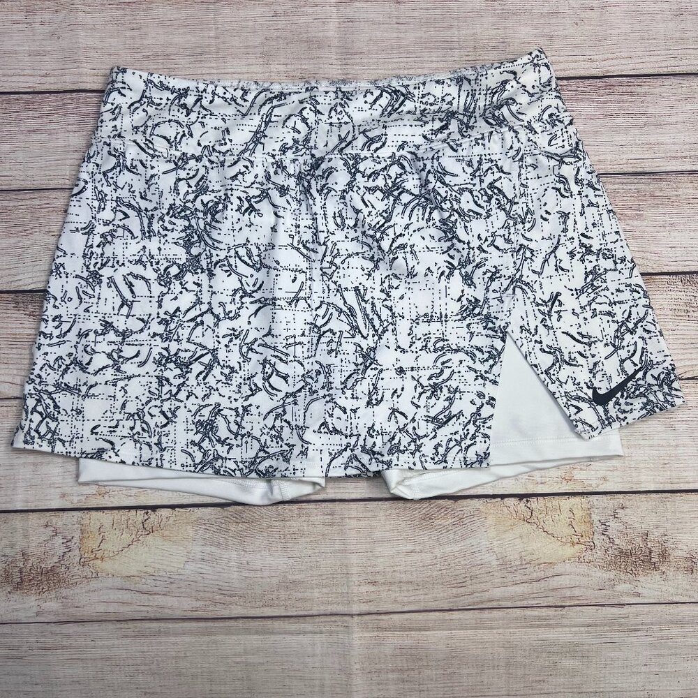 Nike Dri-Fit Court Skort Size M White Black Abstract Print Tennis Skirt Built-In